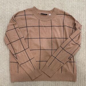 T Tahari Tan Grid Pattern Crewneck Sweater